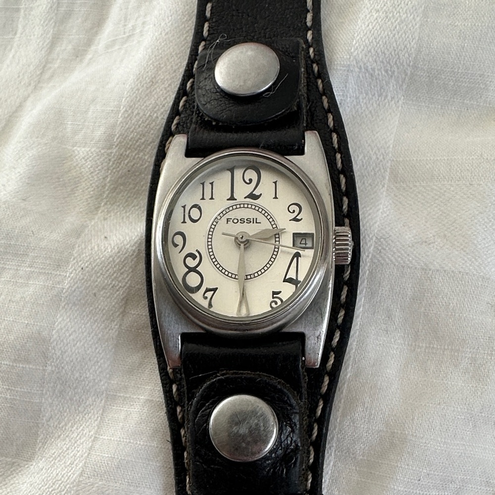 Fossil Silver Watch with Black Leather Strap
